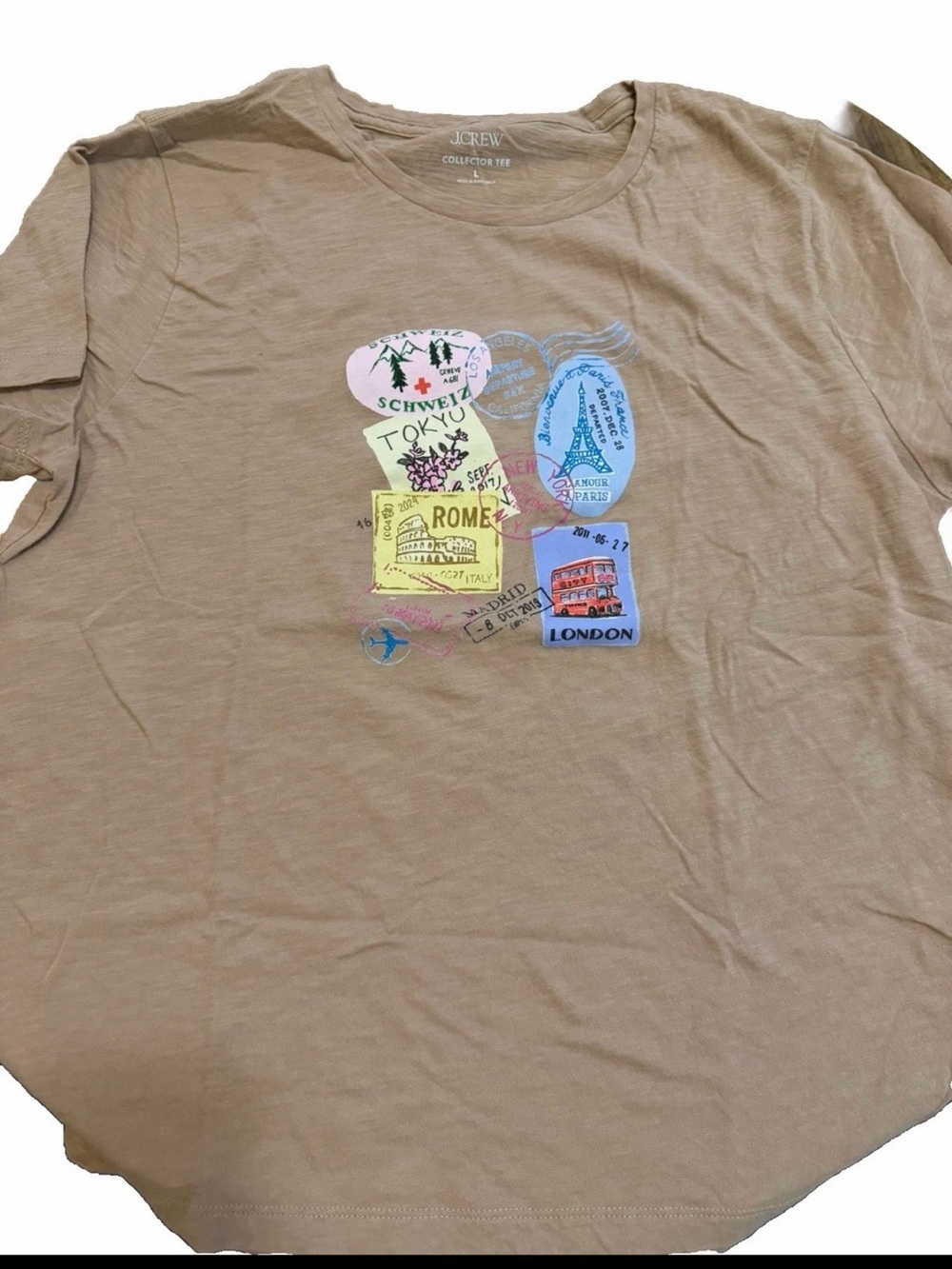 J. Crew Travel Stamps Graphic Tee London Rome Tokyo Paris Collector Large NWOT